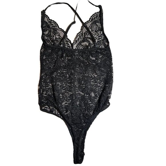 PrettyLittleThings Black Sheer Lace Cross Back Bodysuit Size 4 - Picture 1 of 4